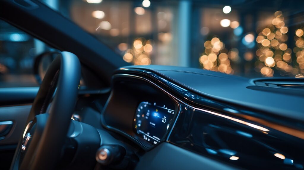 A clean, minimalist close-up shot of a modern car's dashboard or steering wheel, with a subtle 'Certified Pre-Owned' or 'CPO' badge visible on the screen or interior, conveying trust and quality. The interior should be sleek and well-maintained. The background is a soft, blurred reflection of a dealership interior at night, implying a sophisticated, dark-mode environment. Sharp focus on the interior detail, professional lighting, high resolution. --ar 16:9 --raw --v 7 Job ID: d9bfa2a8-5f27-459f-b42b-0ec9d9a76d14